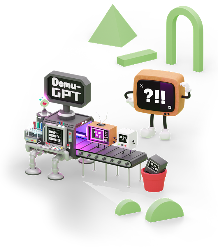 The Demuxed mascot stares on in confusion as a machine called Demu-GPT spits out new anthropomorphic mascots according to its prompt, 'create tv character'. The mascots travel down a conveyor belt, immediately into a trash bin